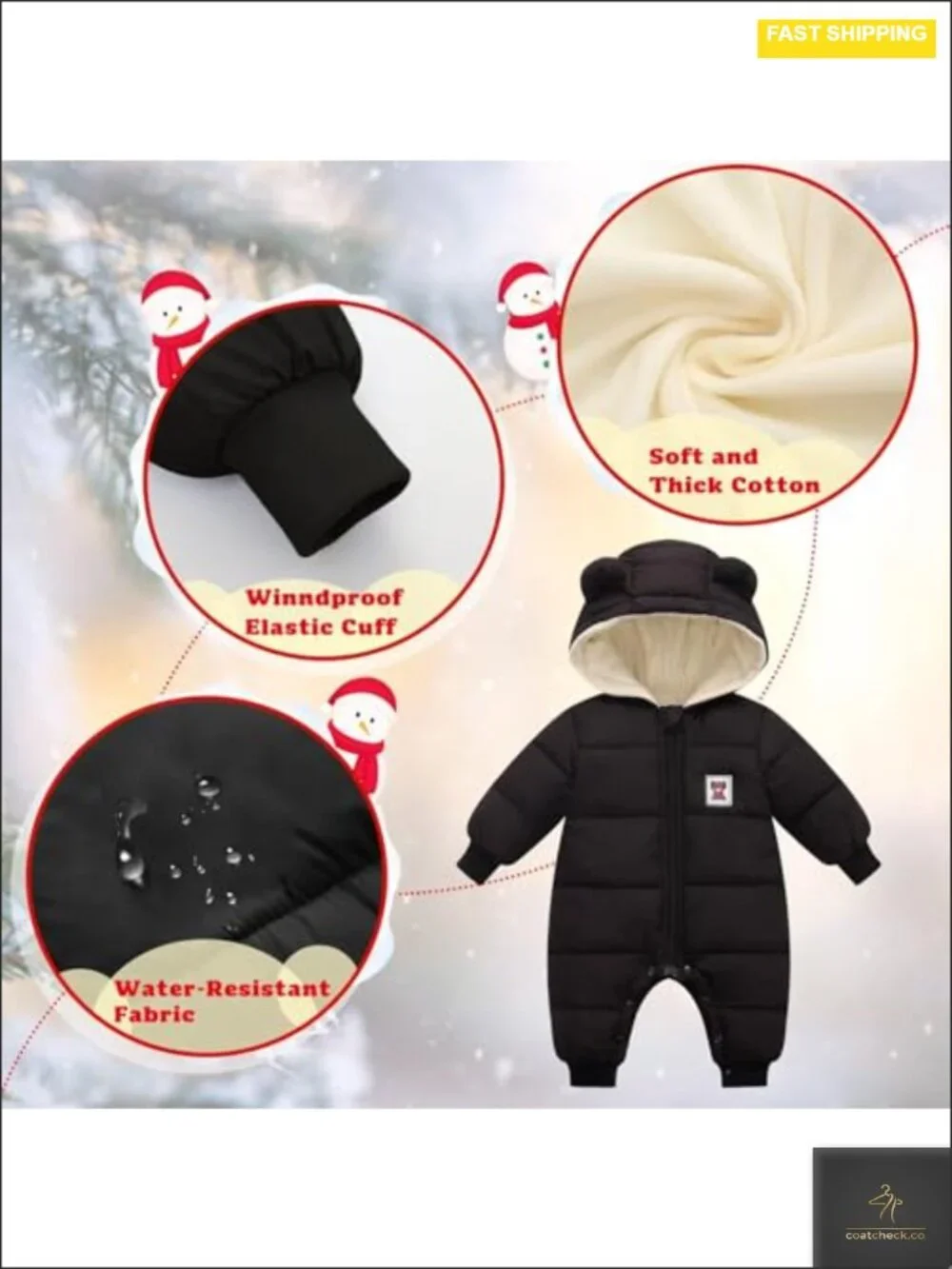 Baby Bear Hooded Snowsuit, Waterproof Winter Jumpsuit for Toddler, Cozy Padded